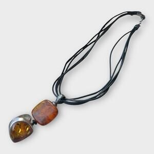Vintage Baltic Amber Sterling Silver 925 Pendant Necklace & Ring Set Modernist